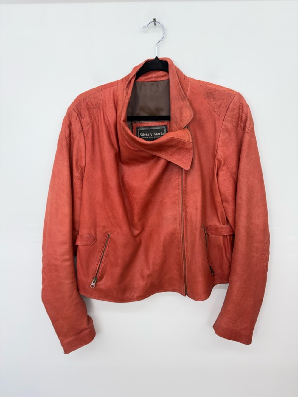Silvia Y Mario Women's Coral-Red Suede Moto Jacket F8